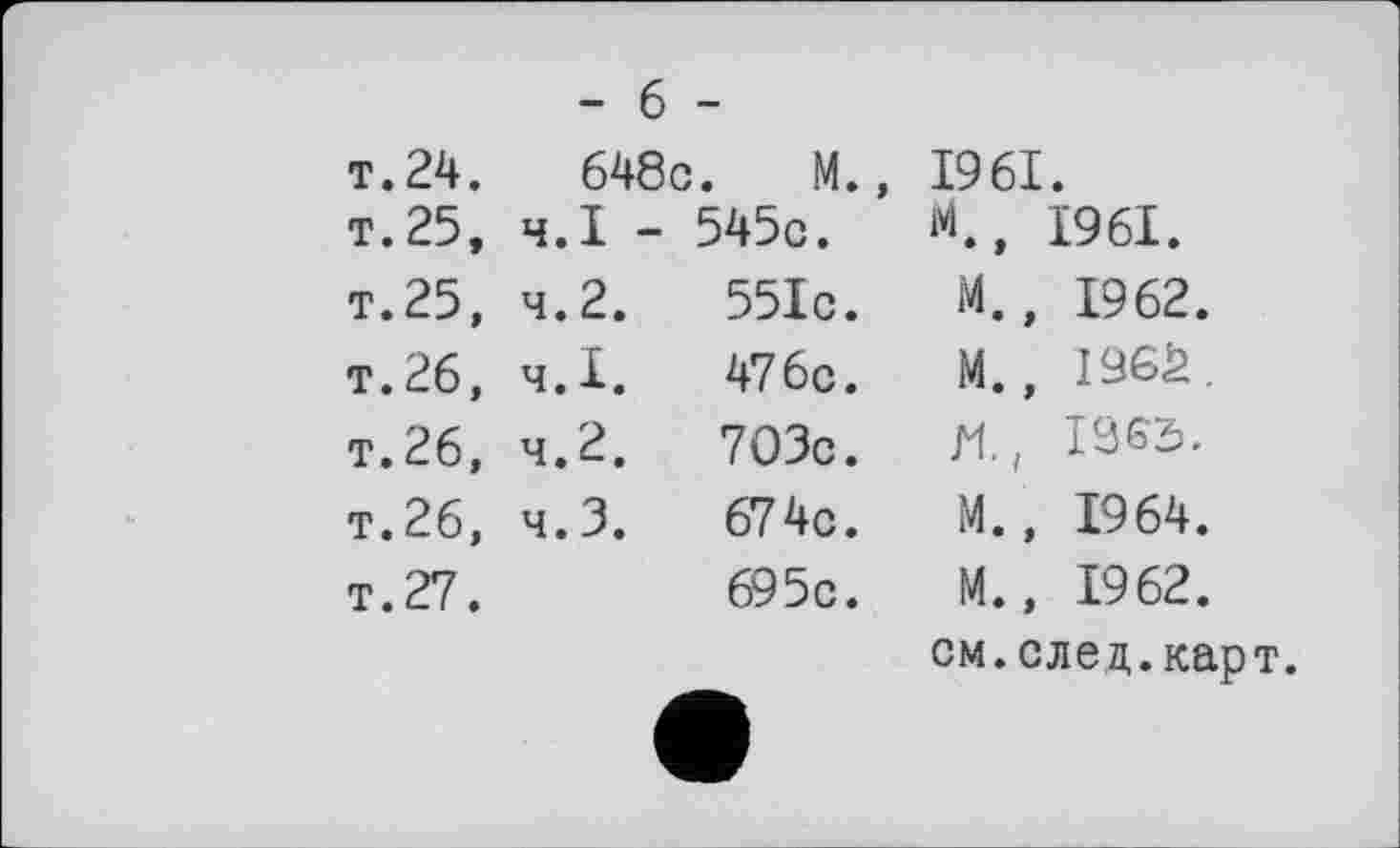 ﻿- б -
т.24.	648с	. М.,	1961.
т.25,	Ч.І -	545с.	М.» 1961.
т.25,	4.2.	551с.	М., 1962.
т.26,	4.1.	476с.	М.,
т.26,	4.2.	703с.	и. ! ізвз.
т.26,	4.3.	674с.	М., 1964.
т.27.		695с.	М., 1962.
см. след. карт.